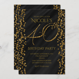 Black & Faux Gold Glitter Glam 40 40th Birthday Invitation