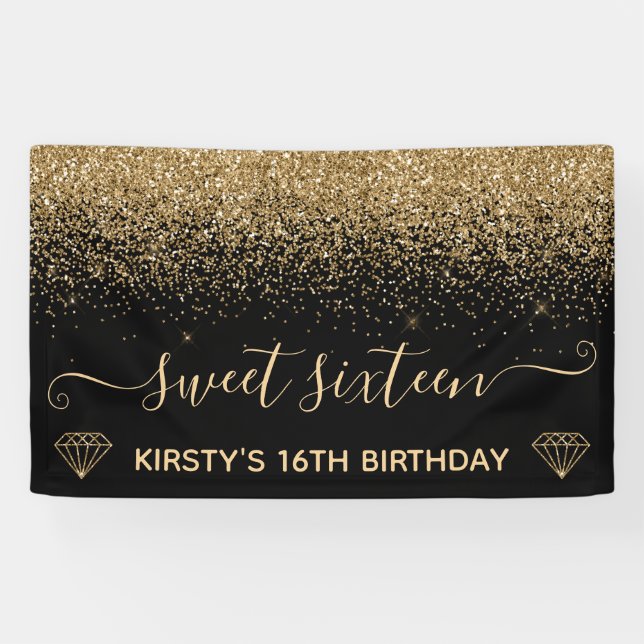 Black & Faux Gold Glitter Sweet 16 Banner (Horizontal)