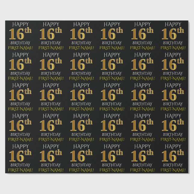 Black, Faux Gold "HAPPY 16th BIRTHDAY" Wrapping Paper (Flat)