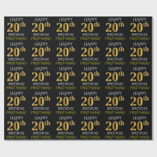 Black, Faux Gold "HAPPY 20th BIRTHDAY" Wrapping Paper
