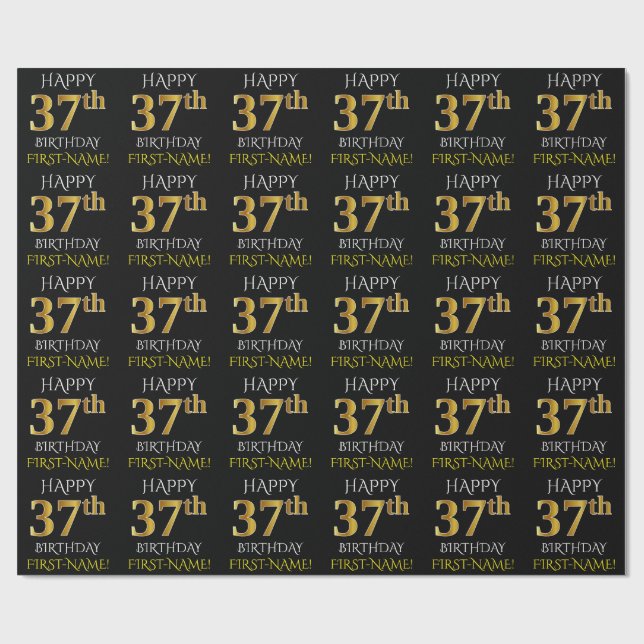 Black, Faux Gold "HAPPY 37th BIRTHDAY" Wrapping Paper (Flat)