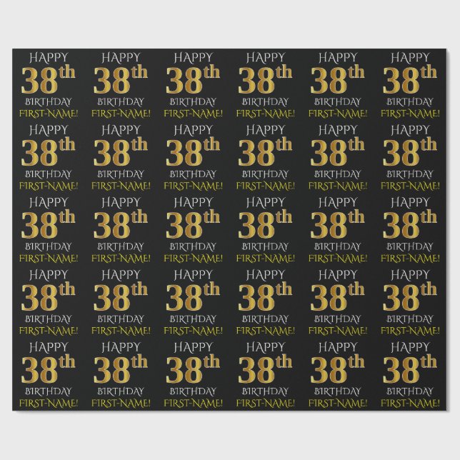 Black, Faux Gold "HAPPY 38th BIRTHDAY" Wrapping Paper (Flat)