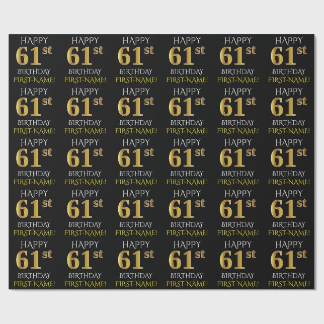 Black, Faux Gold "HAPPY 61st BIRTHDAY" Wrapping Paper (Flat)