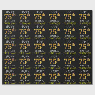 Black, Faux Gold "HAPPY 75th BIRTHDAY" Wrapping Paper