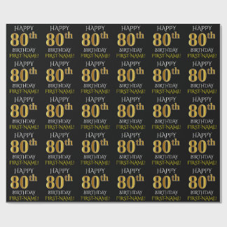 Black, Faux Gold "HAPPY 80th BIRTHDAY" Wrapping Paper