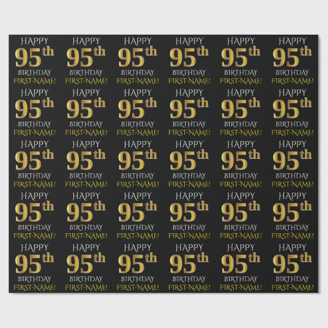 Black, Faux Gold "HAPPY 95th BIRTHDAY" Wrapping Paper (Flat)