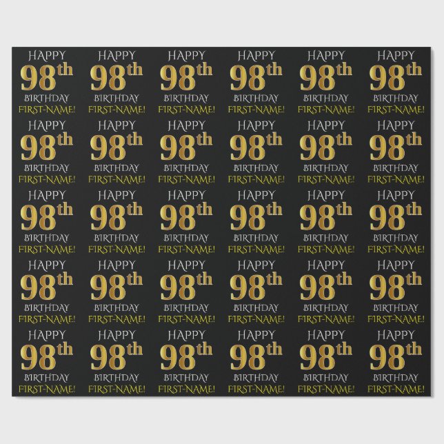 Black, Faux Gold "HAPPY 98th BIRTHDAY" Wrapping Paper (Flat)