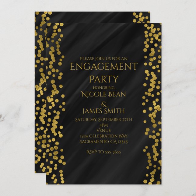 Black & Faux Gold Modern Glam Wedding Engagement Invitation (Front/Back)