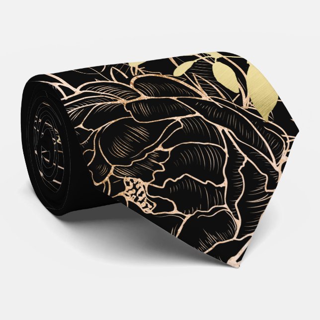 Black & Faux Gold Peony Modern Line Floral Wedding Tie (Rolled)