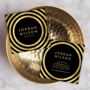 Black Faux Gold Round Lines Geometric Event Square Business Card