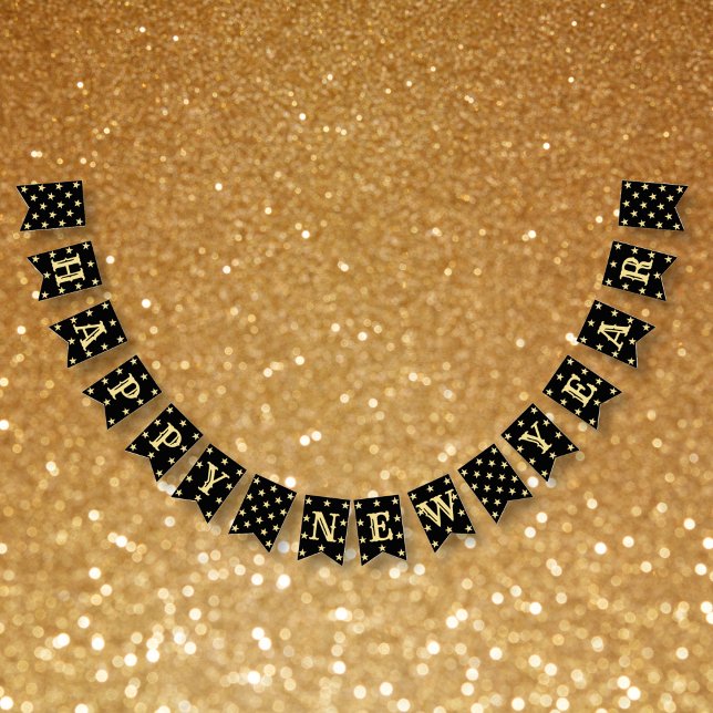 Black Faux Gold Stars Happy New Years Eve Party Bunting (Black Faux Gold Stars Happy New Years Eve Party Bunting Flags)