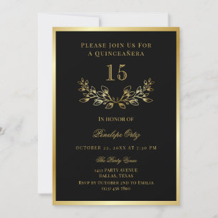 Black Faux Gold Wreath Quinceañera Invitation