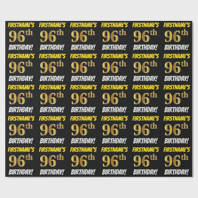 Black, Faux/Imitation Gold, "96th BIRTHDAY" Wrapping Paper (Flat)