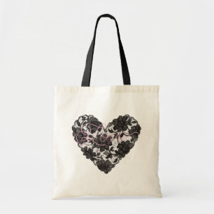 Black Faux Lace Heart Floral Tote Bag