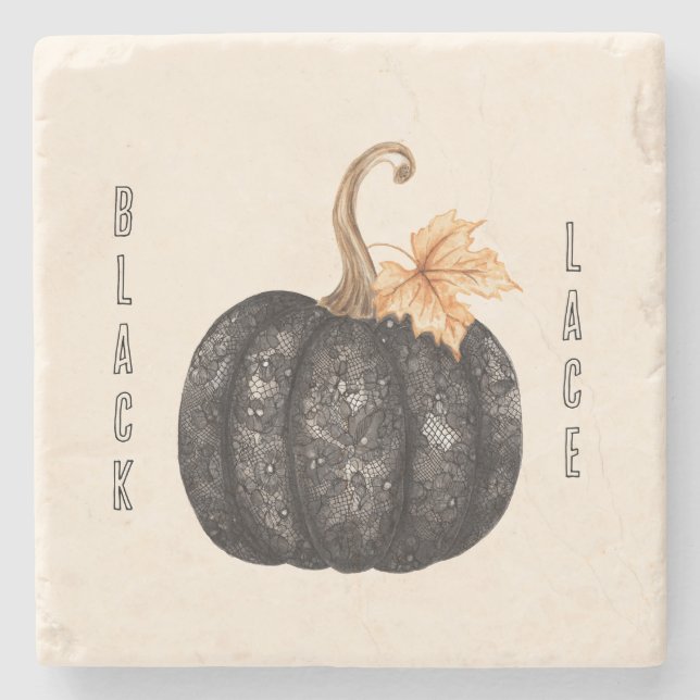 Black Faux Lace Pumpkin Stone Coaster (Front)