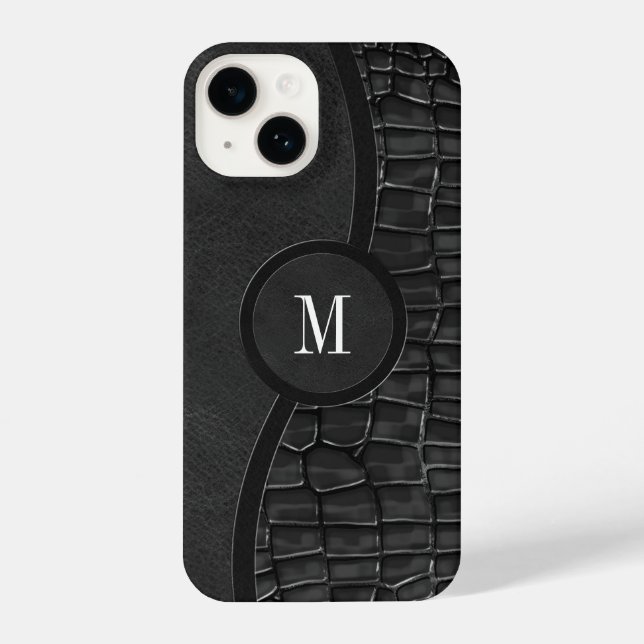 Black Faux Leather Alligator Skin Luxury Monogram iPhone Case (Back)