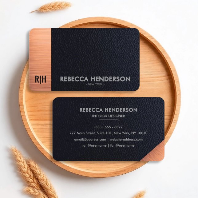 Black Faux Leather & Brushed Copper Business Card (Creator Uploaded)