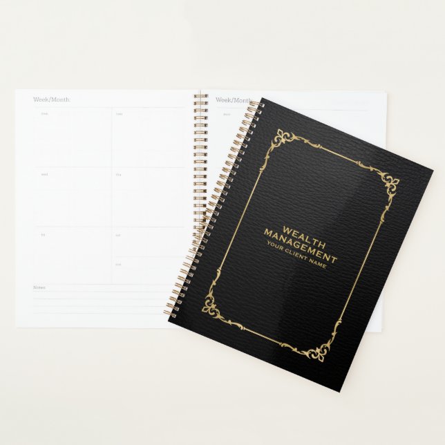Black Faux Leather Elegant Vintage Gold Frame Planner (Display)