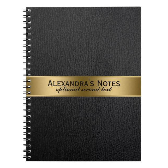 Black Faux Leather Look Gold Accents Spiral Notebook (Front)