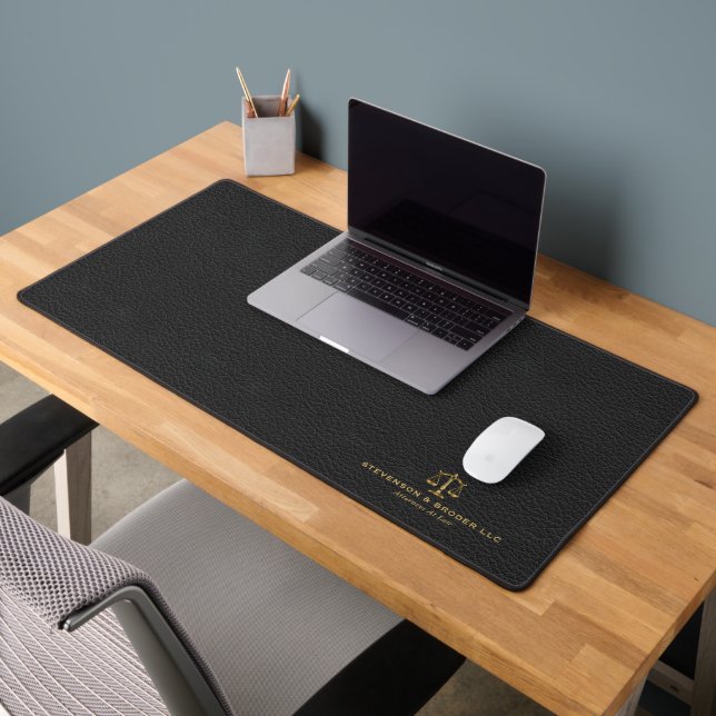 Black Faux Leather Texture & Gold Justice Scale Desk Mat (Office 2)