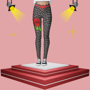 Black Faux Leather Texture Rose Trendy Fashion  Leggings