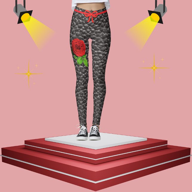 Black Faux Leather Texture Rose Trendy Fashion  Leggings (Creator Uploaded)