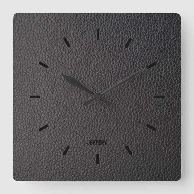 Black Faux leather texture Square Wall Clock (Front)