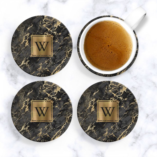 Black Faux Marble Gold Monogram Coaster (Creator Uploaded)