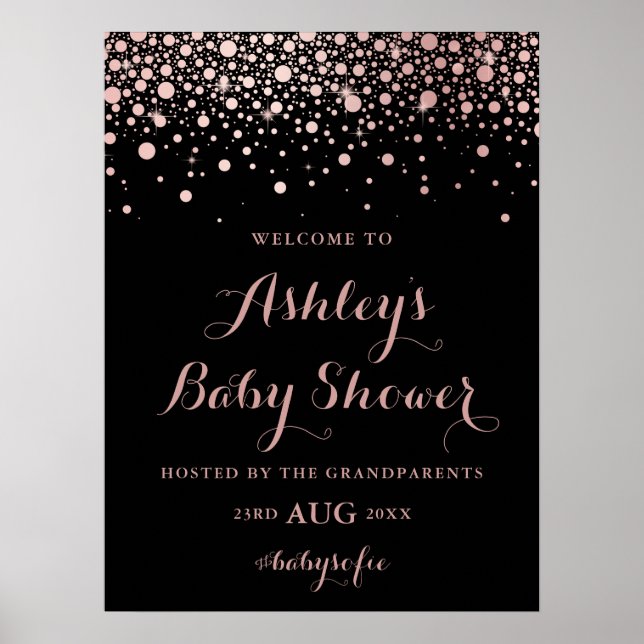 Black Faux Rose Gold Confetti Welcome Baby Shower Poster (Front)