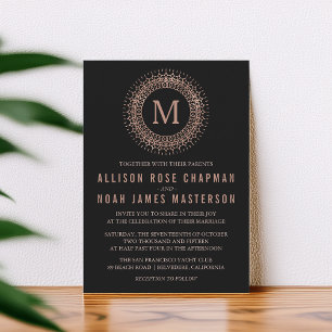 Black & Faux Rose Gold Deco Monogram Wedding Invitation