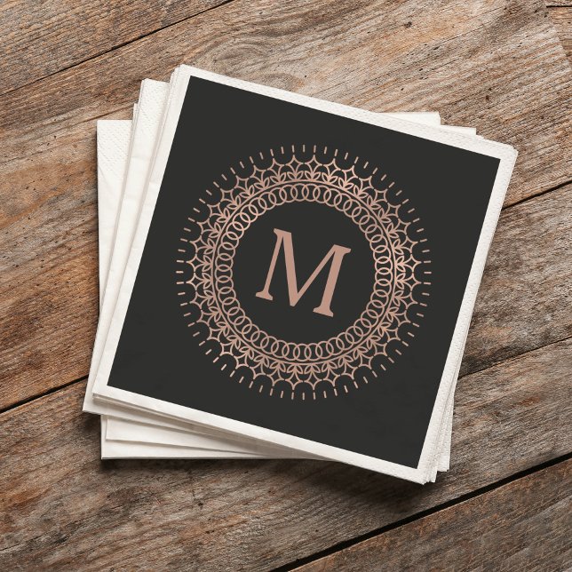 Black & Faux Rose Gold Elegant Initial Monogram Napkin (Creator Uploaded)