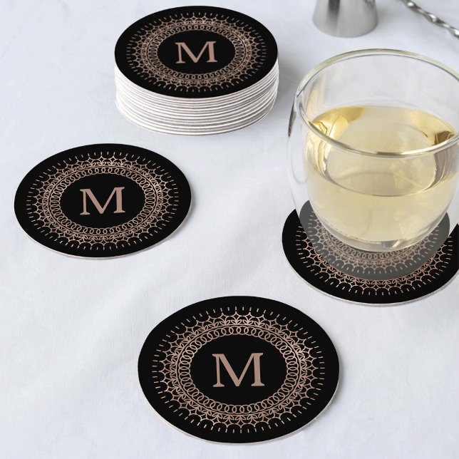 Black & Faux Rose Gold Elegant Initial Monogram Round Paper Coaster (Creator Uploaded)