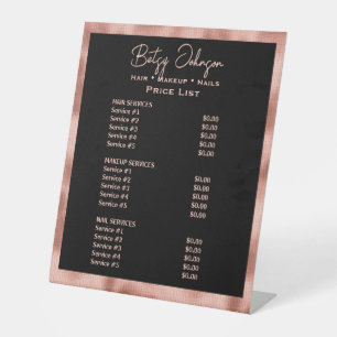 Black Faux Rose Gold Foil Beauty Salon Price List Pedestal Sign