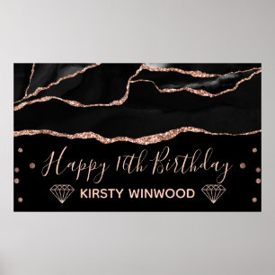 Black & Faux Rose Gold Glitter Agate Sweet 16 Poster