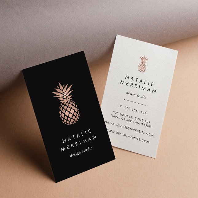 Black & Faux Rose Gold Pineapple Vertical Business Card (Creator Uploaded)