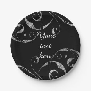 Black & Faux Silver Glass Floral Swirl Elegant Paper Plate