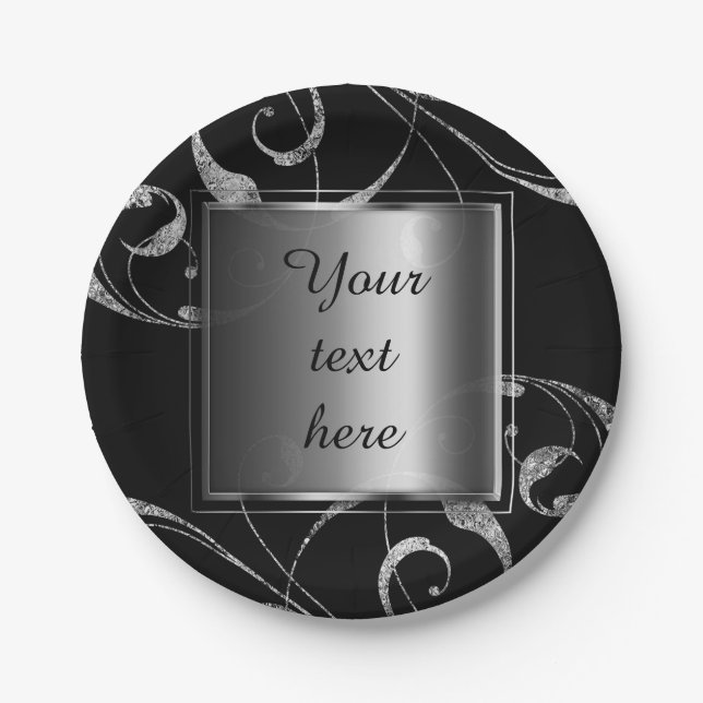 Black & Faux Silver Glass Floral Swirl Elegant Paper Plate (Front)