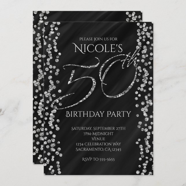 Black & Faux Silver Glitter Glam 50 50th Birthday Invitation (Front/Back)