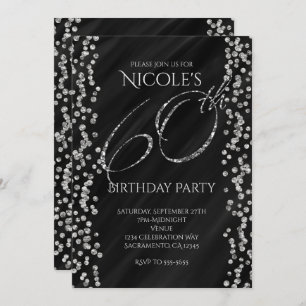 Black & Faux Silver Glitter Glam 60 60th Birthday Invitation