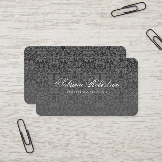 Black Faux Silver Ornamental Pattern Script Business Card (Front/Back In Situ)