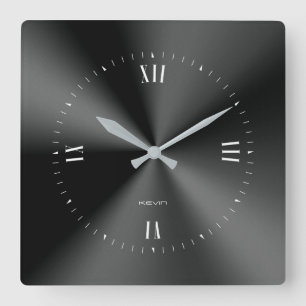 Black Faux Stainless Steel Square Wall Clock
