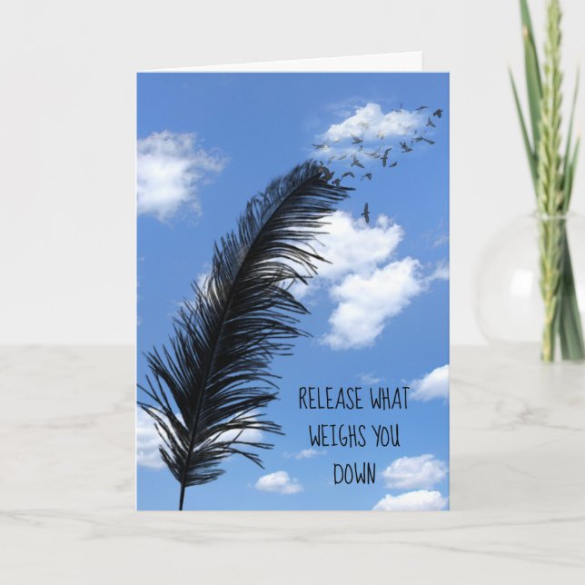 Black Feather and Birds in Clouds Card (Front)