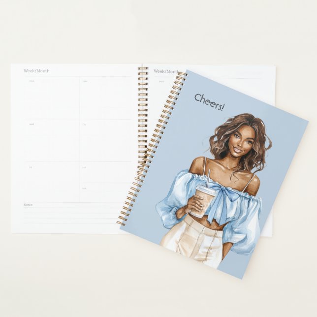 Black Female Blue Top Cheers Drink Planner (Display)