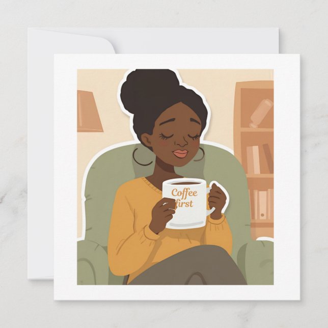 Black Female Drinking Coffee Invitation (Front)