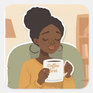 Black Female Drinking Coffee Square Sticker