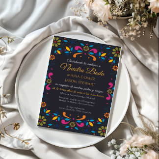 Black Fiesta Colourful Floral Boda Spanish Wedding Invitation