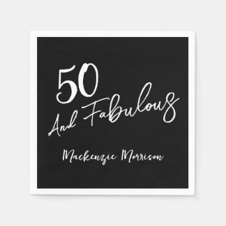 Black Fifty and Fabulous Script Birthday Napkin