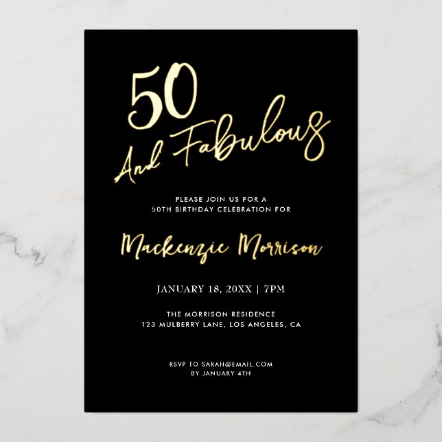 Black Fifty and Fabulous Script Birthday Party (Front)
