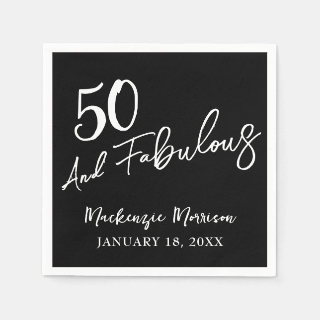 Black Fifty and Fabulous Script Birthday Party Napkin (Front)