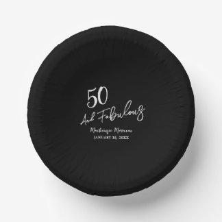 Black Fifty and Fabulous Script Birthday Party Paper Plate